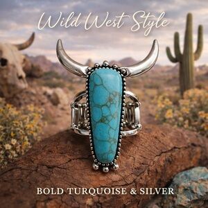 paparazzi Bold Turquoise & Silver Bull Horn Statement Ring